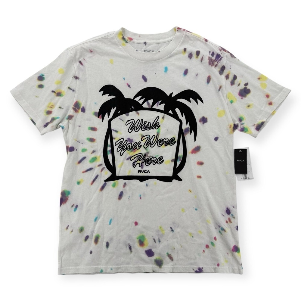 RVCA Dayshift Tee Mens Small Tie Dye Palm Tree Wish You Were Here Shirt NEW